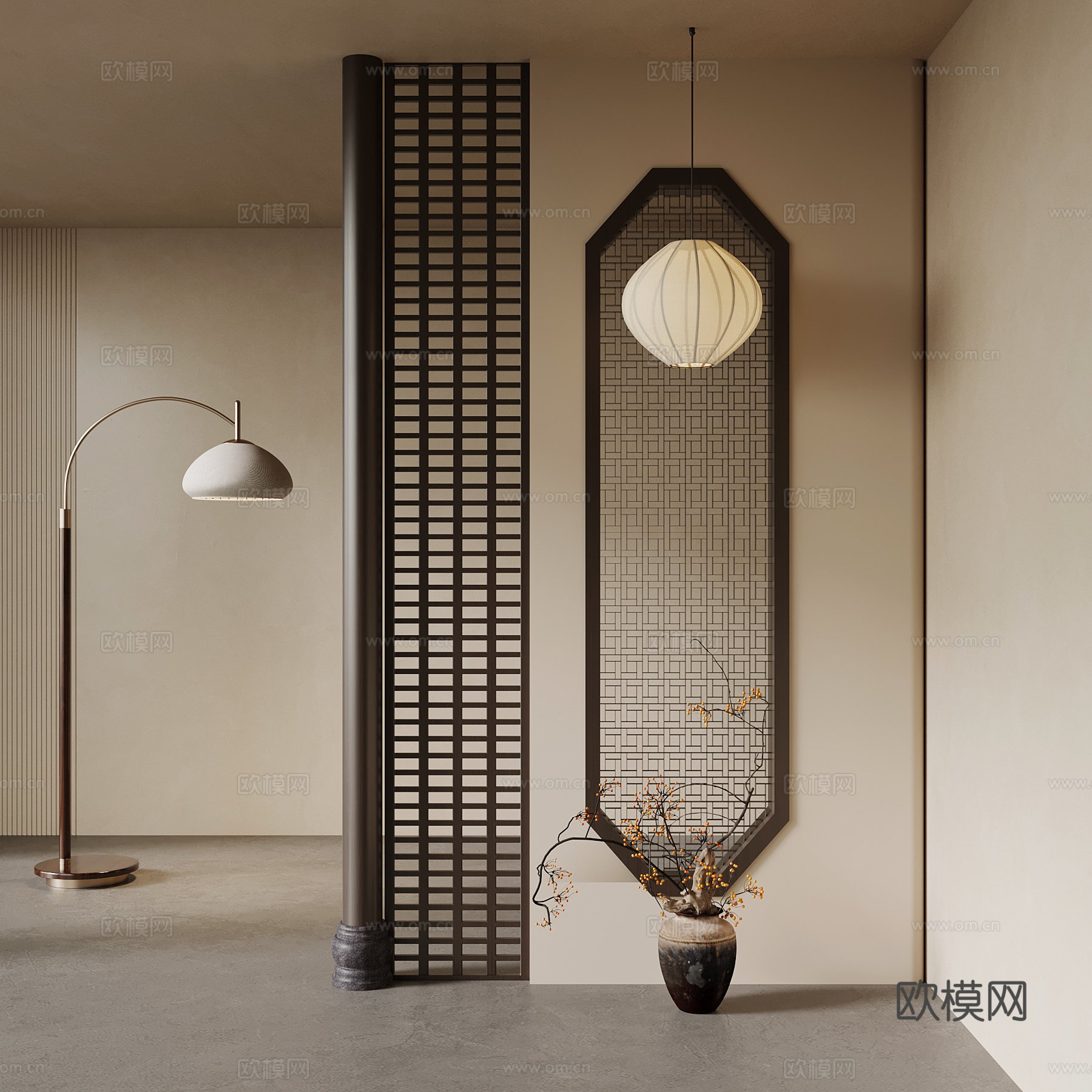 新中式玄关 隔断 落地灯su模型