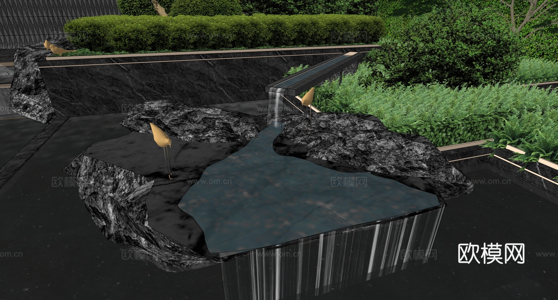 新中式水景 跌水景石 流水景石 流水景观su模型