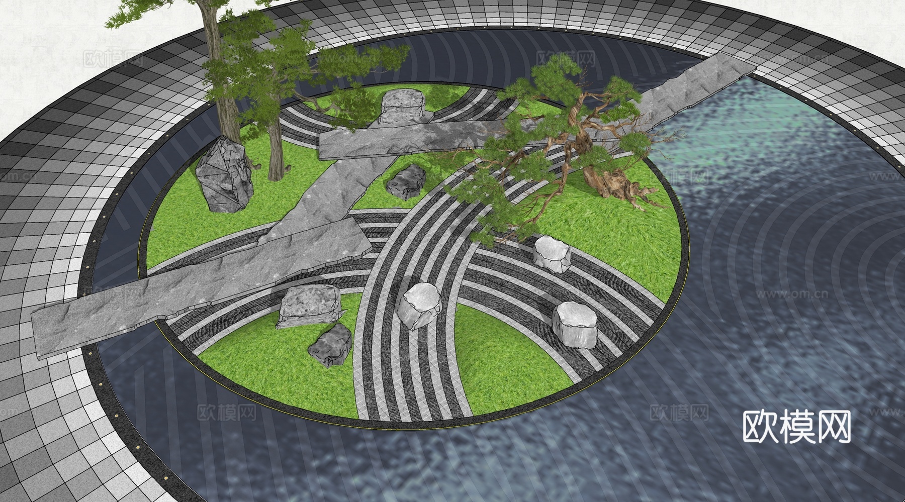 现代简约水景 喷泉 假山水景 镜面水景su模型下载（渲染图2）