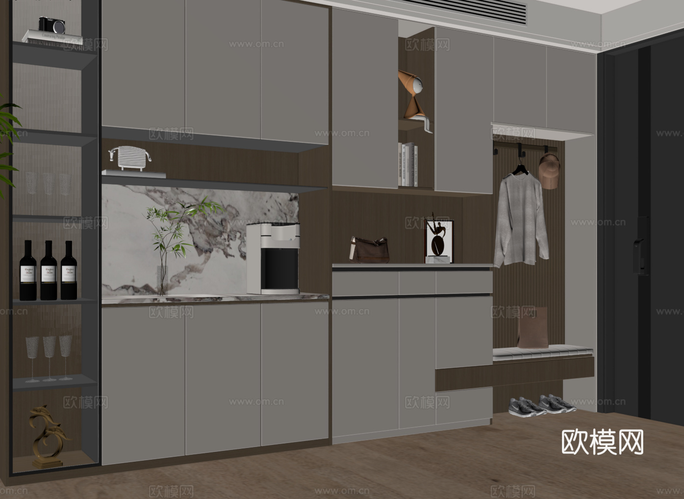 现代入户鞋柜酒柜一体柜 餐边柜 鞋柜 装饰柜su模型下载（渲染图1）