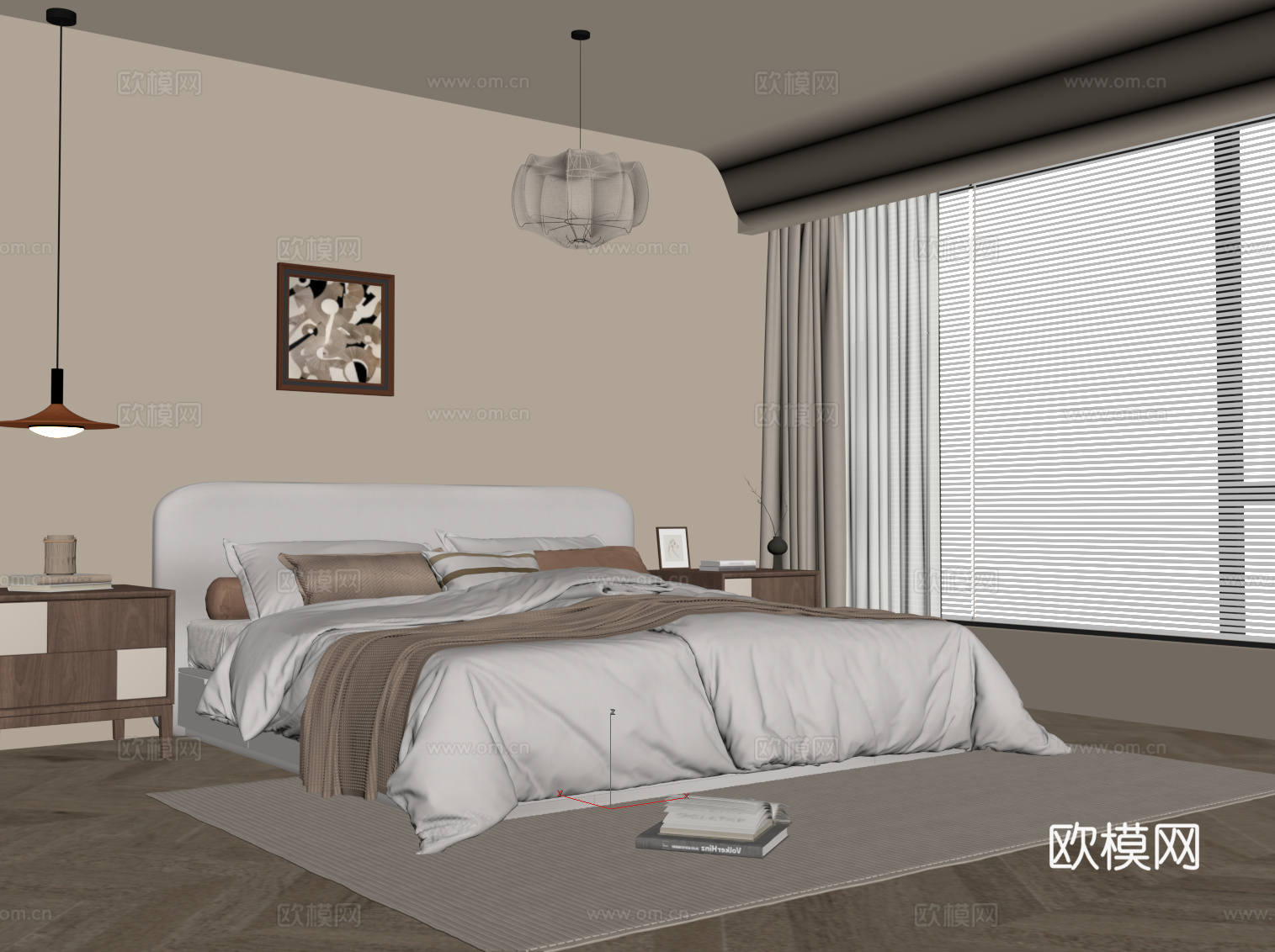 中古风卧室 双人床 床头柜su模型