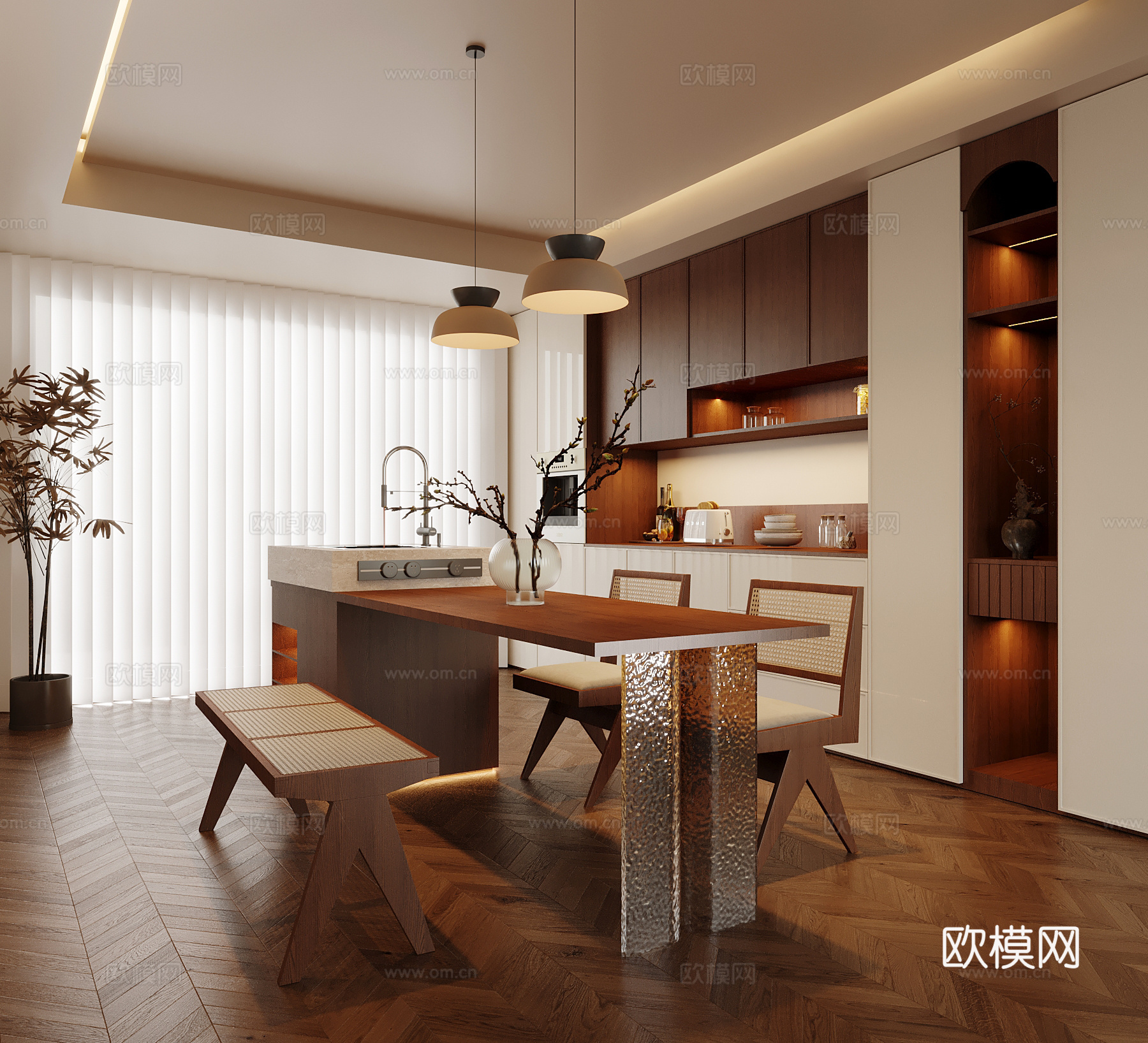中古风餐厅 餐桌椅 岛台 酒柜su模型
