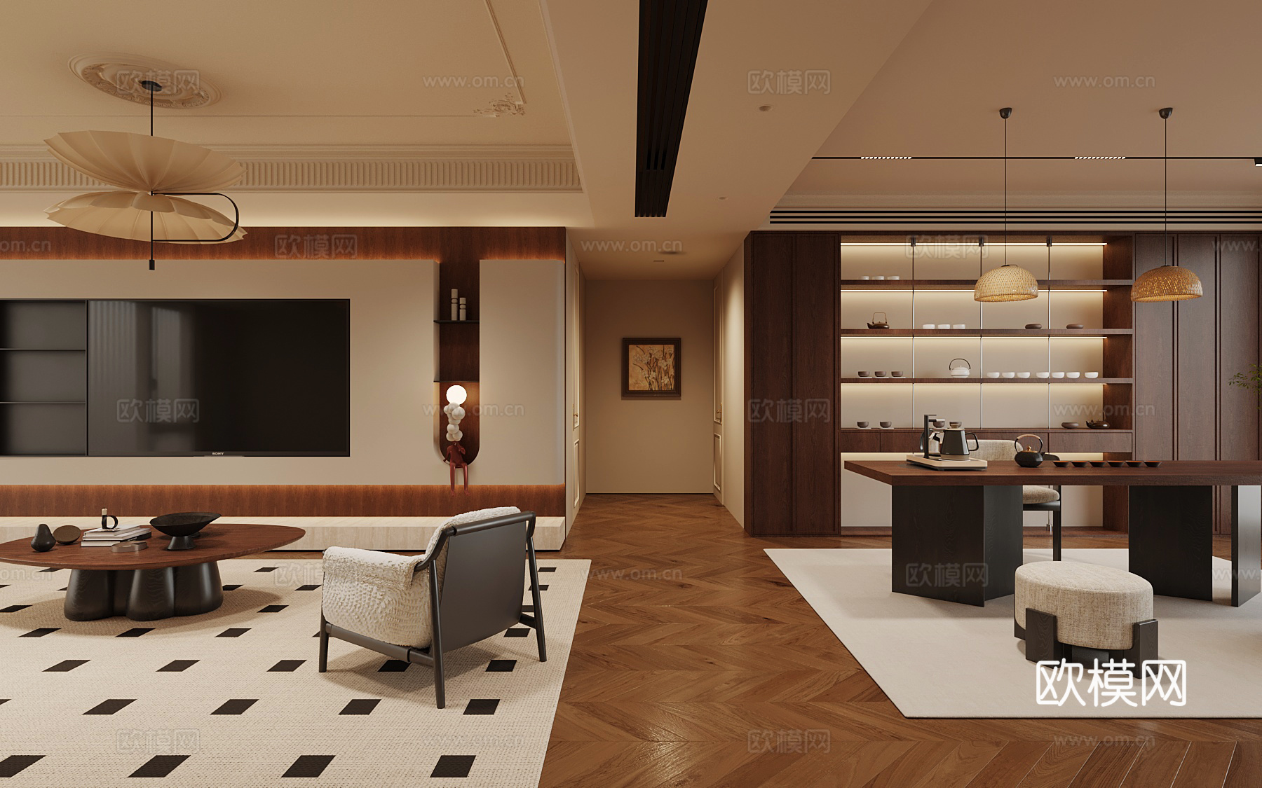 中古风客厅 茶室 沙发茶几 电视背景墙 茶柜3d模型