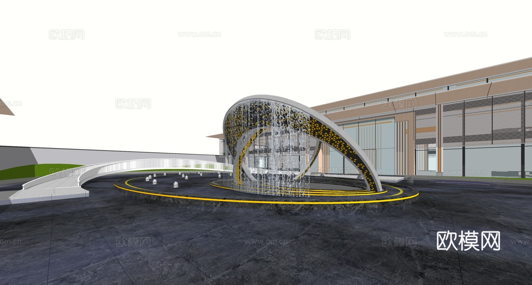 现代水景 镜面水景 入口水景 现代水景雕塑su模型下载（渲染图2）