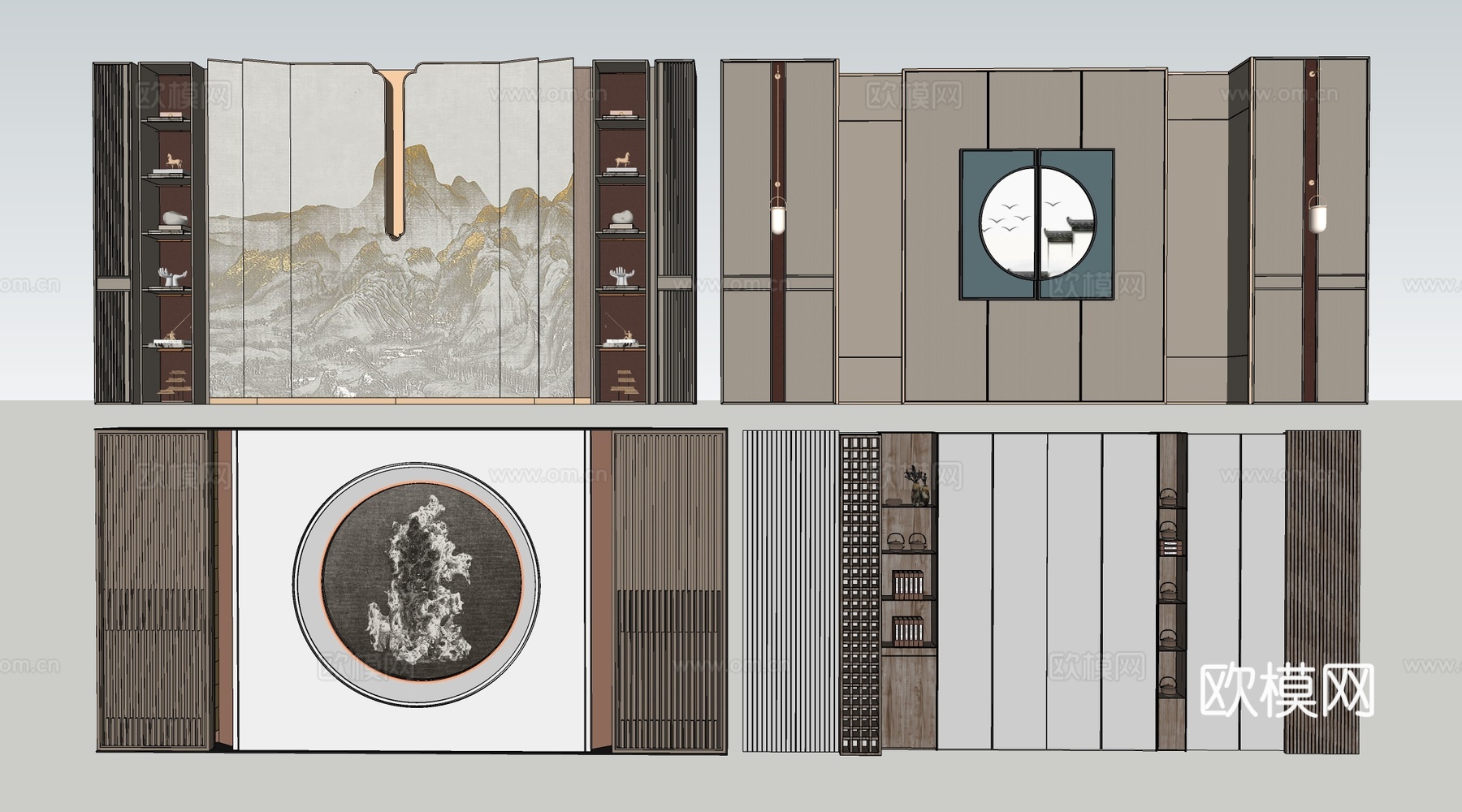 新中式餐厅背景墙 包厢背景墙 客厅背景墙su模型