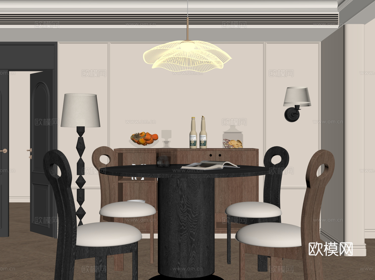 法式复古风餐厅 餐桌椅组合 吊灯 餐边柜su模型