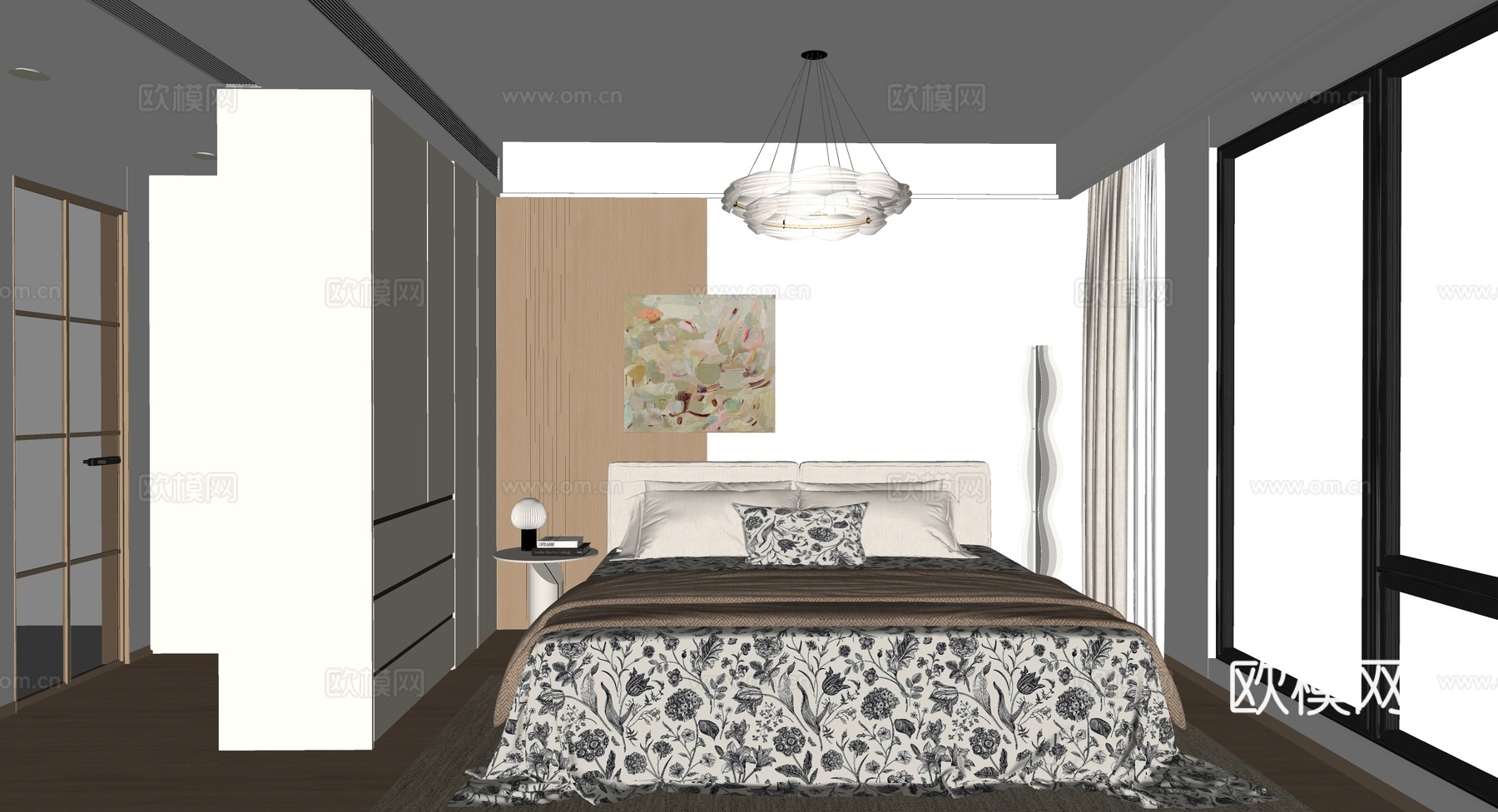 原木风卧室su模型下载（渲染图2）