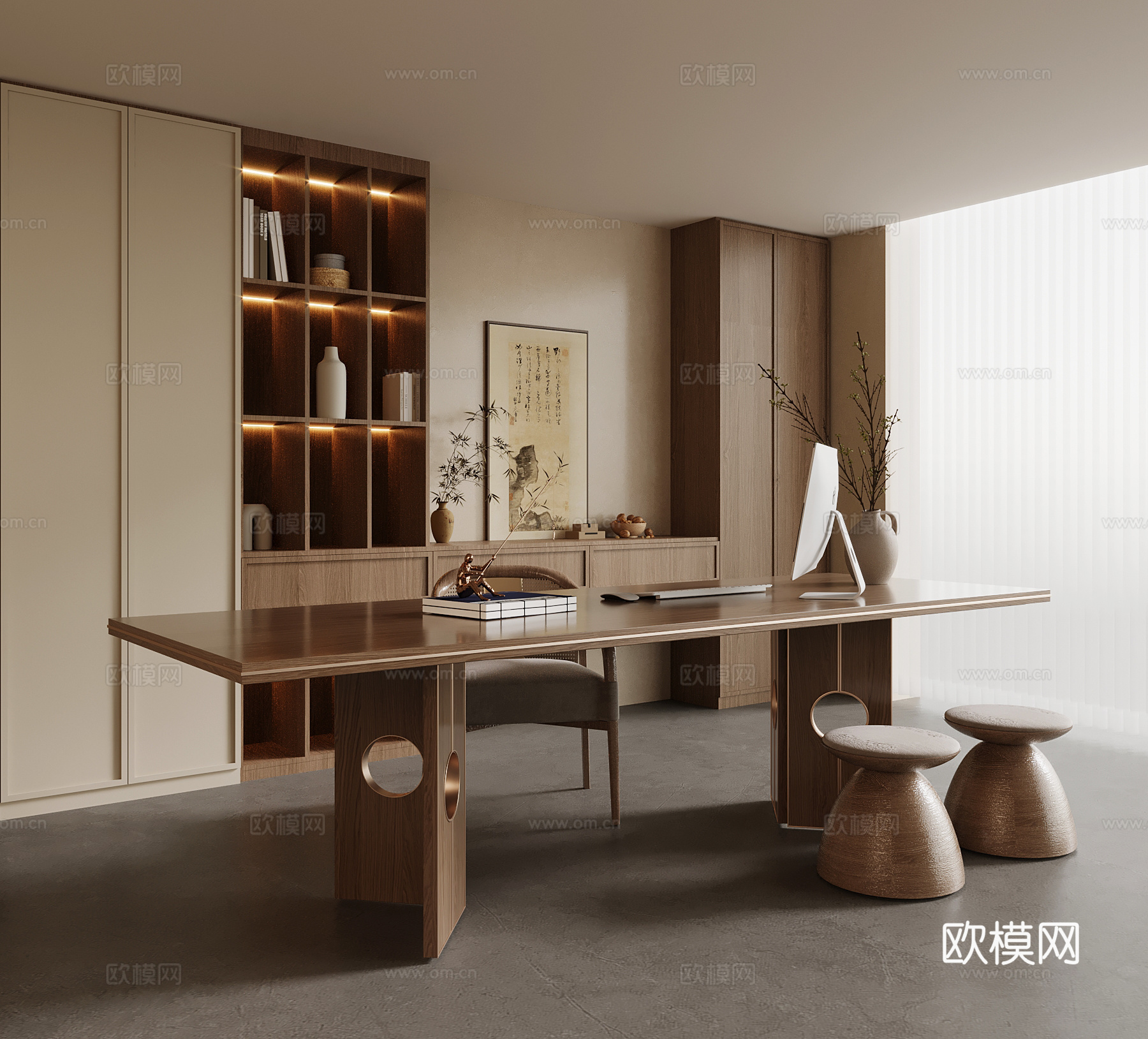 新中式书房 书桌椅 书柜 宋氏书房 茶室su模型