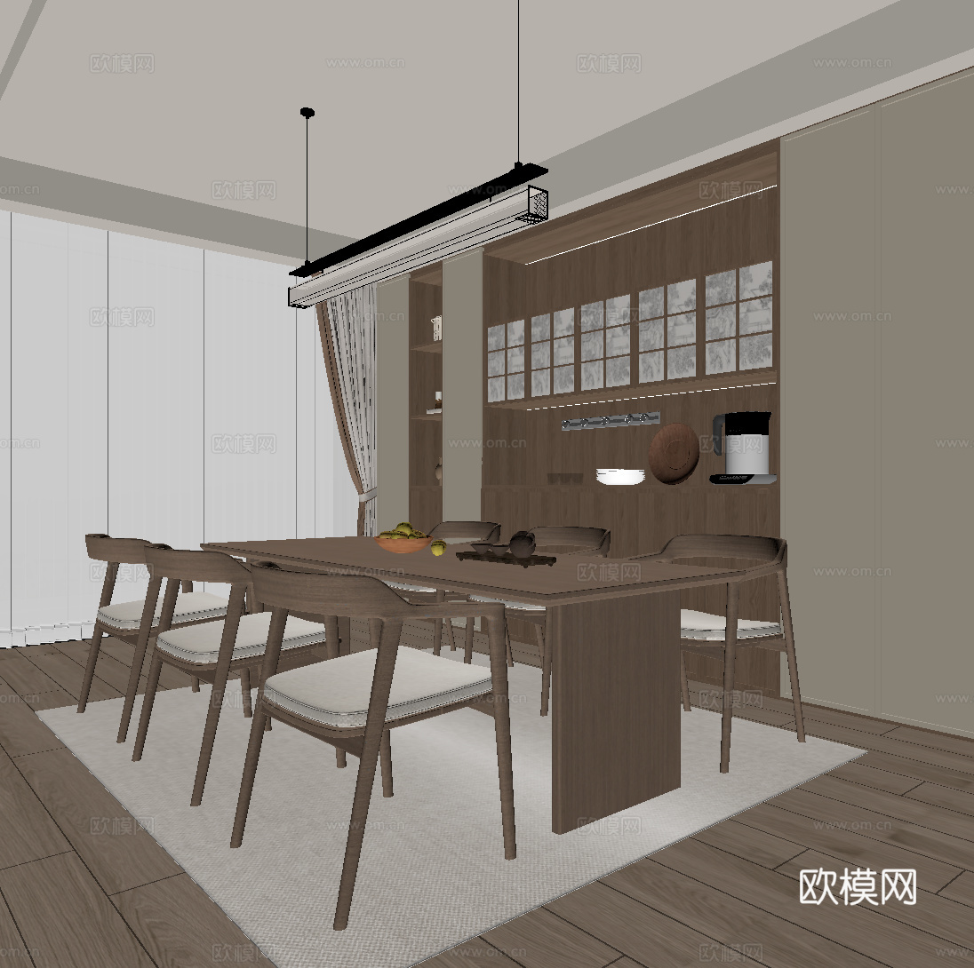 新中式餐厅 餐桌椅 酒柜 餐边柜 宋氏餐厅su模型