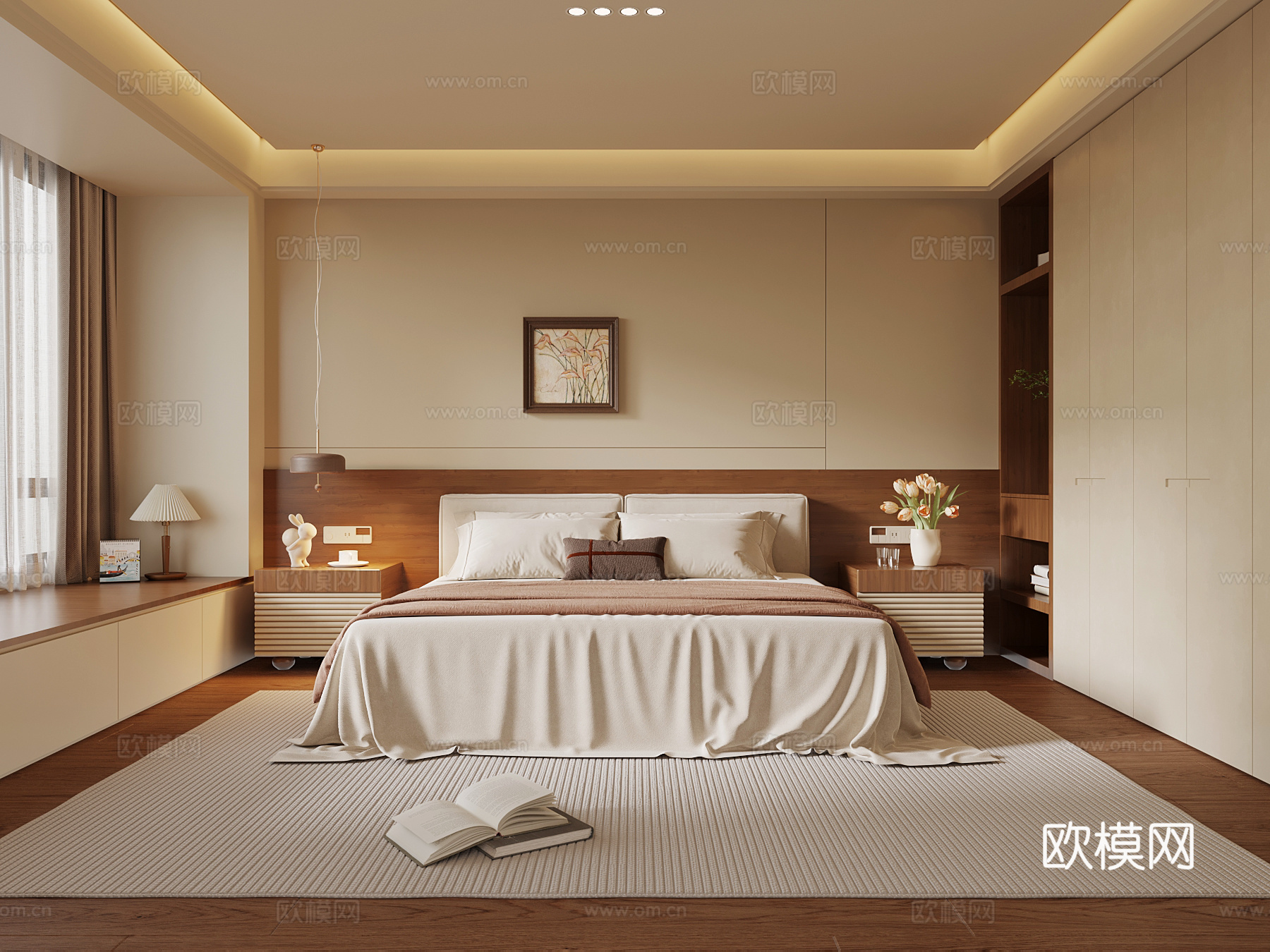 中古风卧室 双人床 衣柜 床头柜su模型