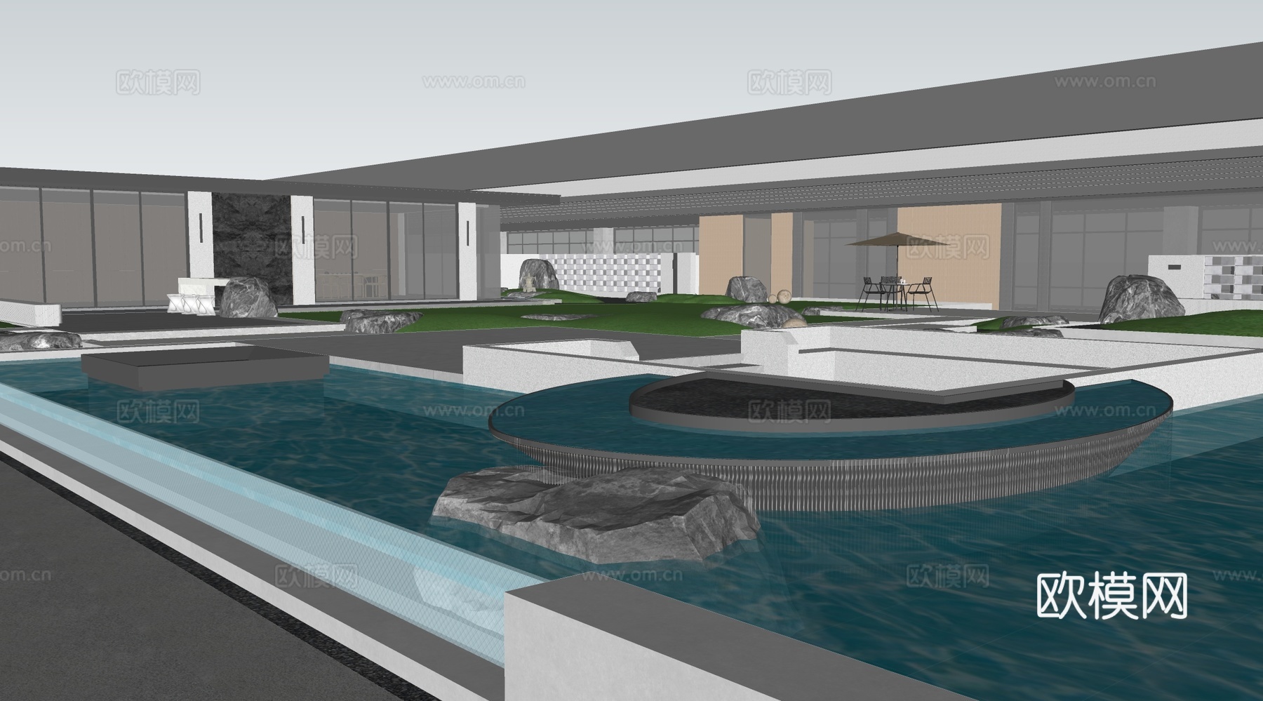 现代屋顶花园 现代天台花园 镜面水池 现代凉亭su模型下载（渲染图2）