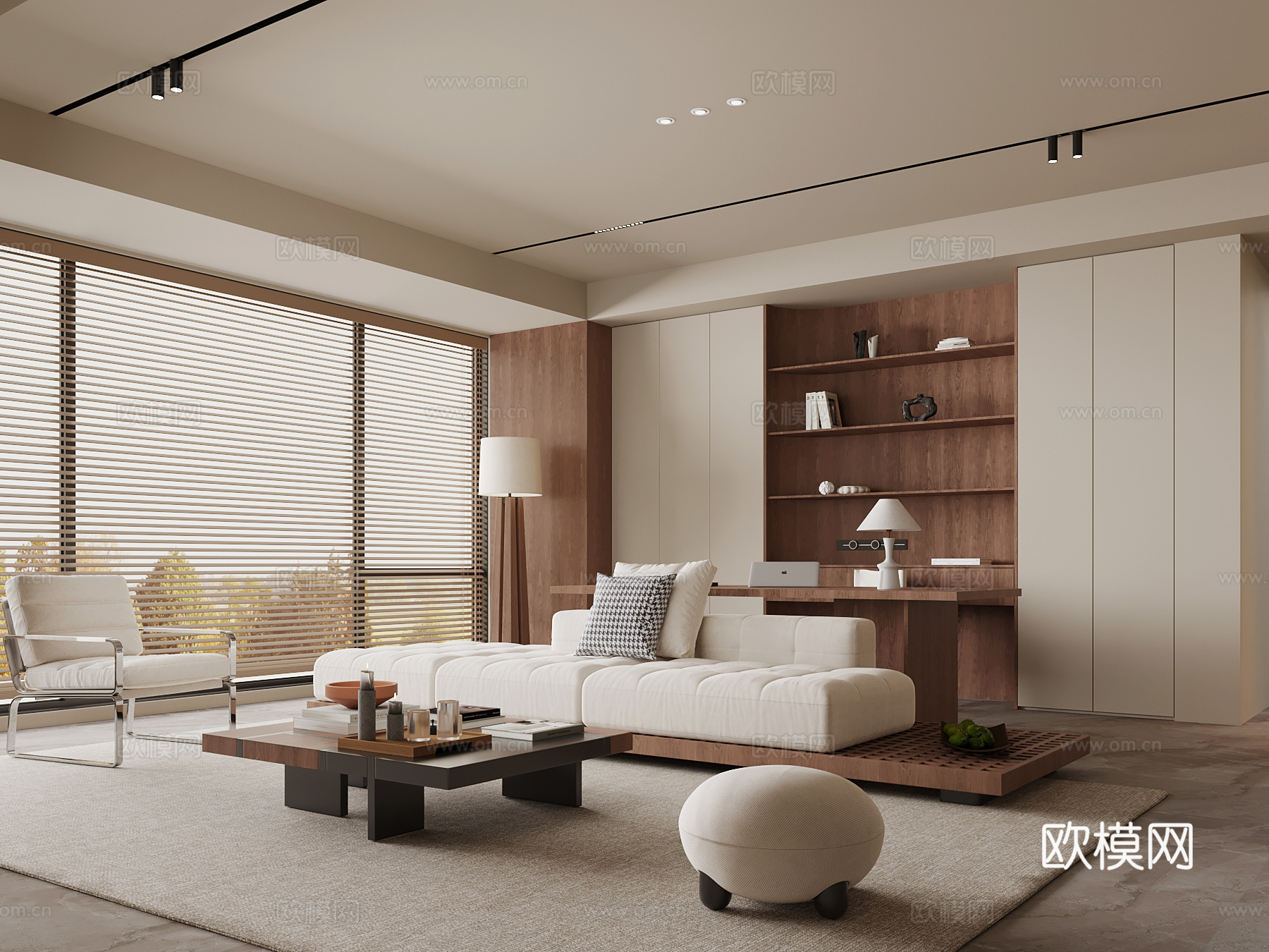 中古风家居客厅 书柜 沙发茶几组合su模型