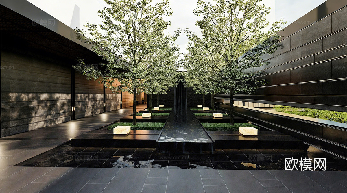 现代小区景观 庭院景观 水景 景观跌水su模型下载（渲染图1）