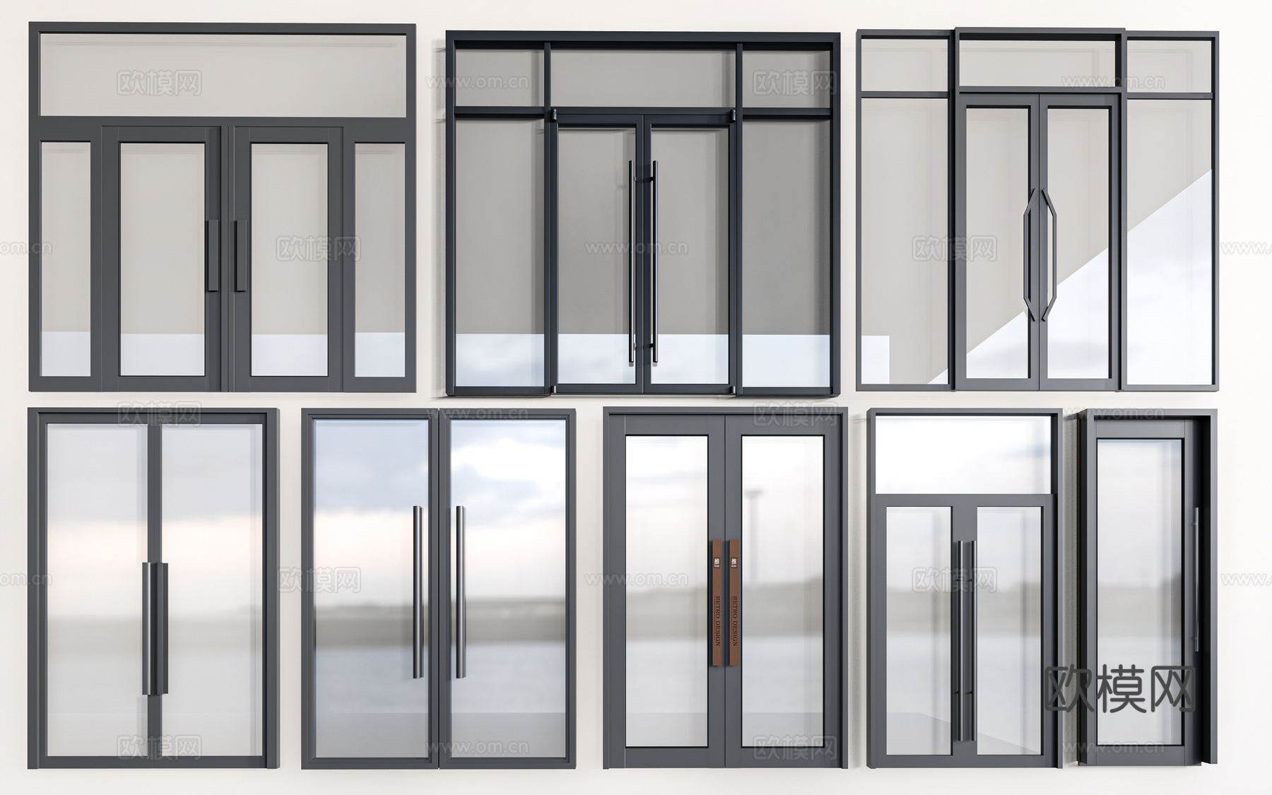 现代商铺玻璃门 玻璃双开门 商业街玻璃门 入口玻璃门su模型