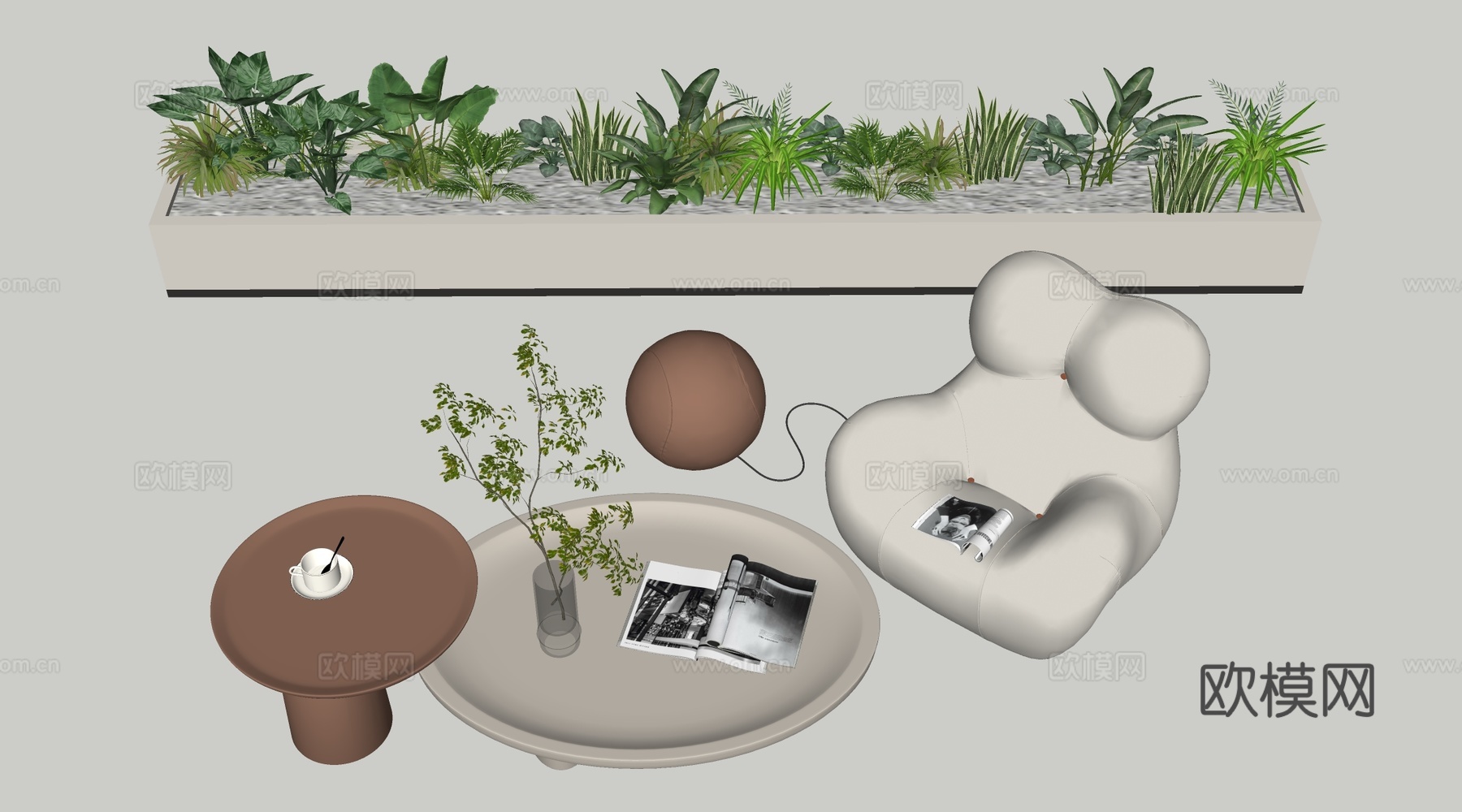 现代沙发茶几 休闲沙发 椭圆茶几su模型