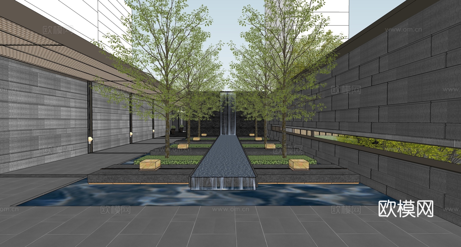 现代小区景观 庭院景观 水景 景观跌水su模型下载（渲染图2）