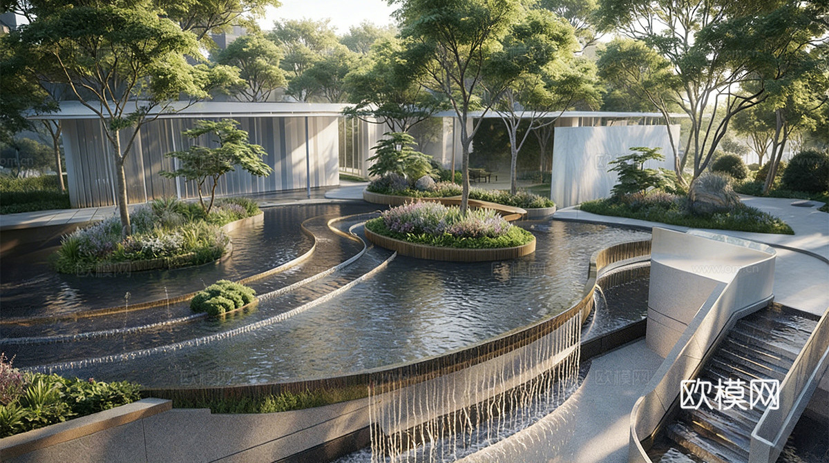 现代小区景观 曲线水景 入口廊架 跌水景观 庭院景观su模型下载（渲染图1）