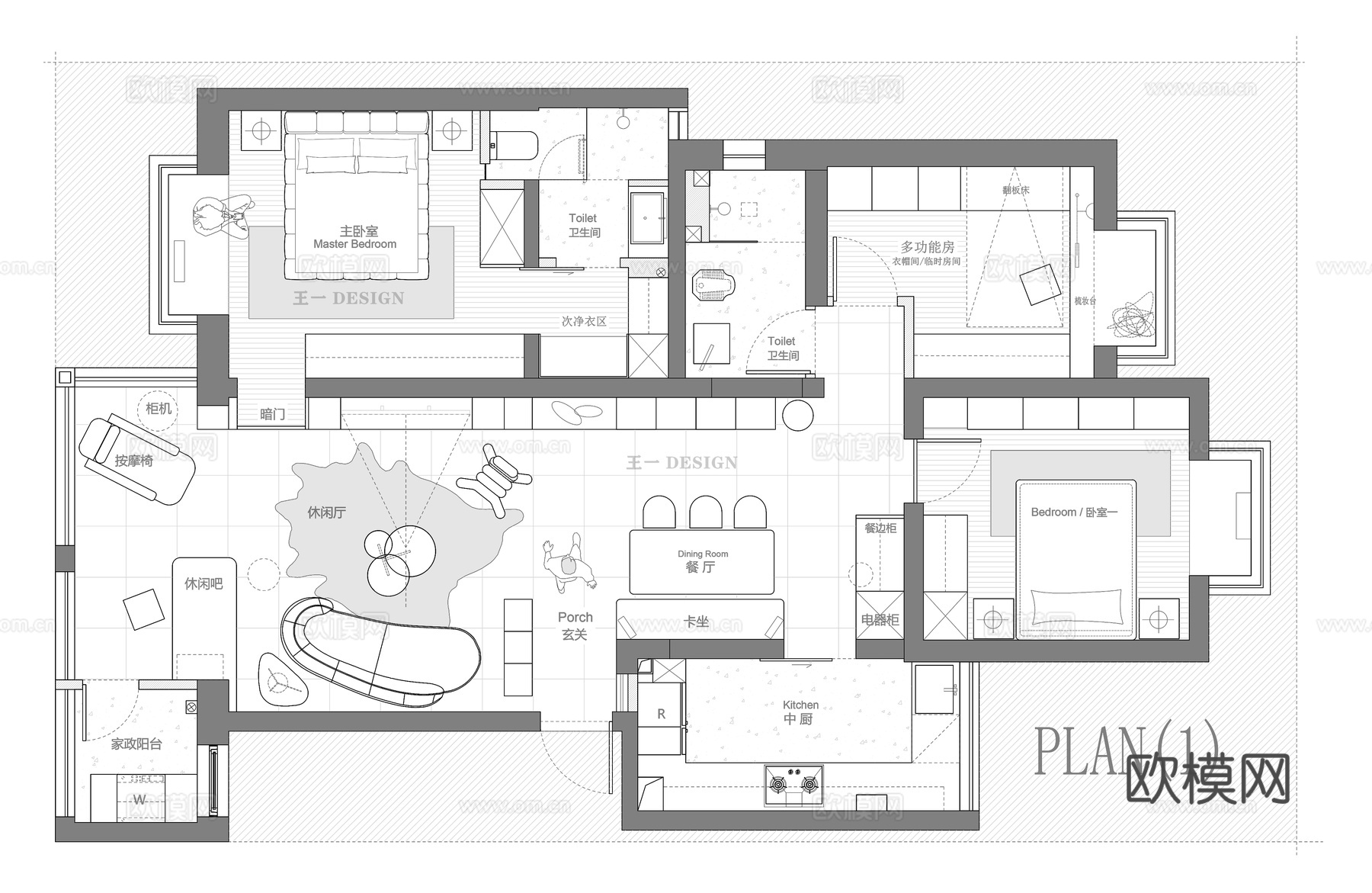 110㎡两版CAD方案cad施工图下载（渲染图2）