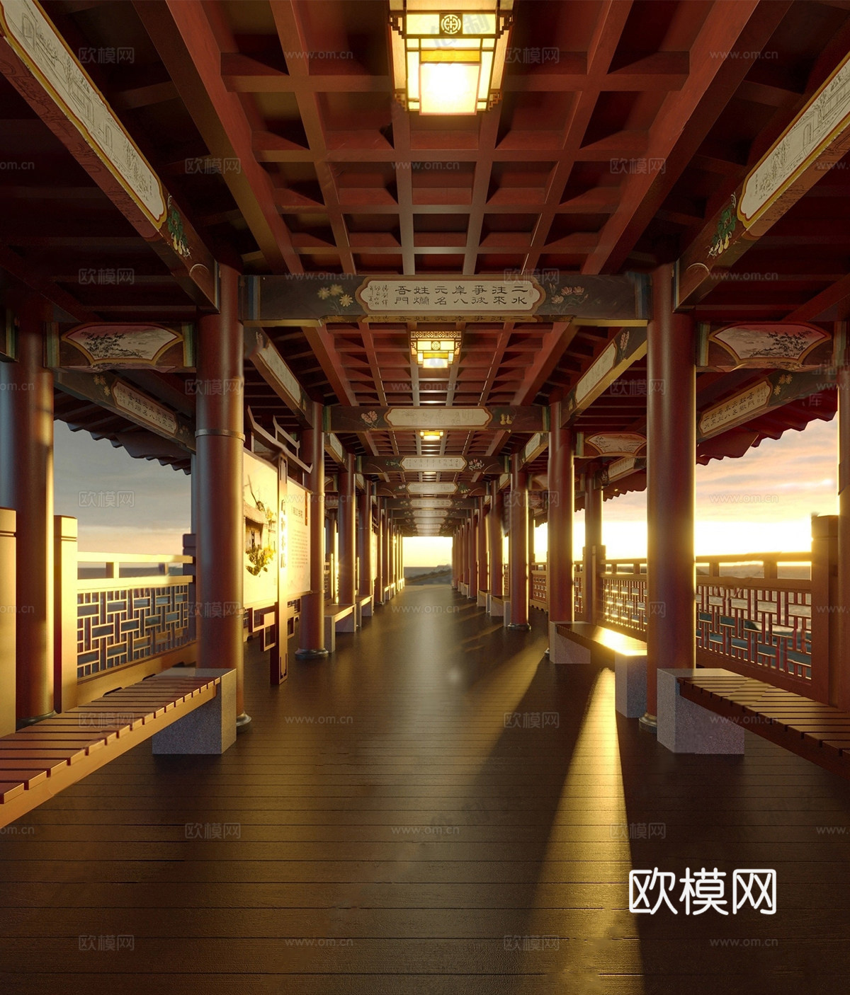 新中式古风长廊 廊架建筑 古建建筑su模型下载（渲染图1）