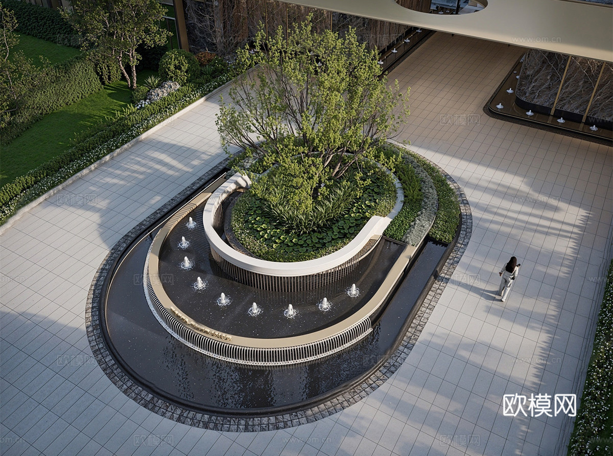 现代水景 现代入口水景 现代水景树池 叠水景观su模型