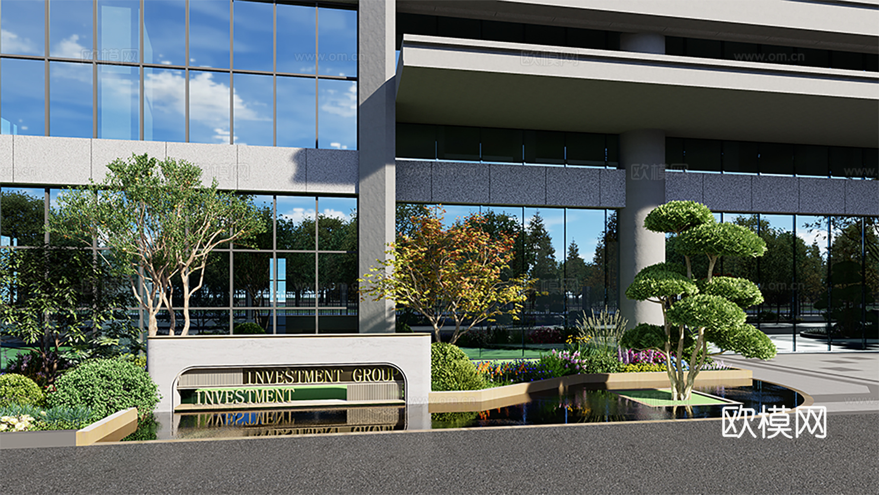 现代轻奢水景 喷泉 镜面水景 水景墙su模型下载（渲染图1）