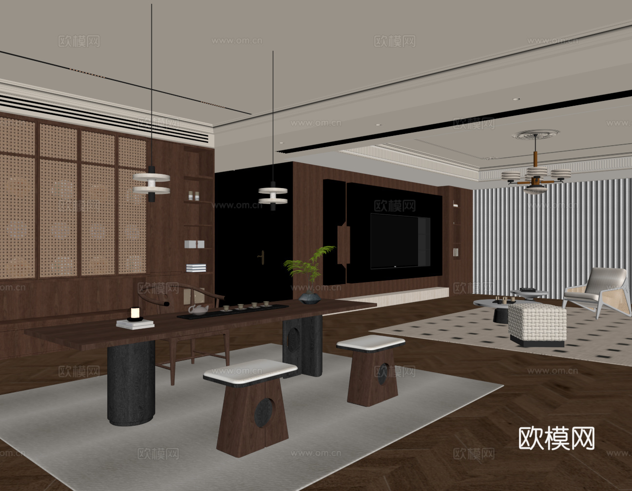 中古风家居客厅 茶室 沙发茶几组合 电视背景墙su模型