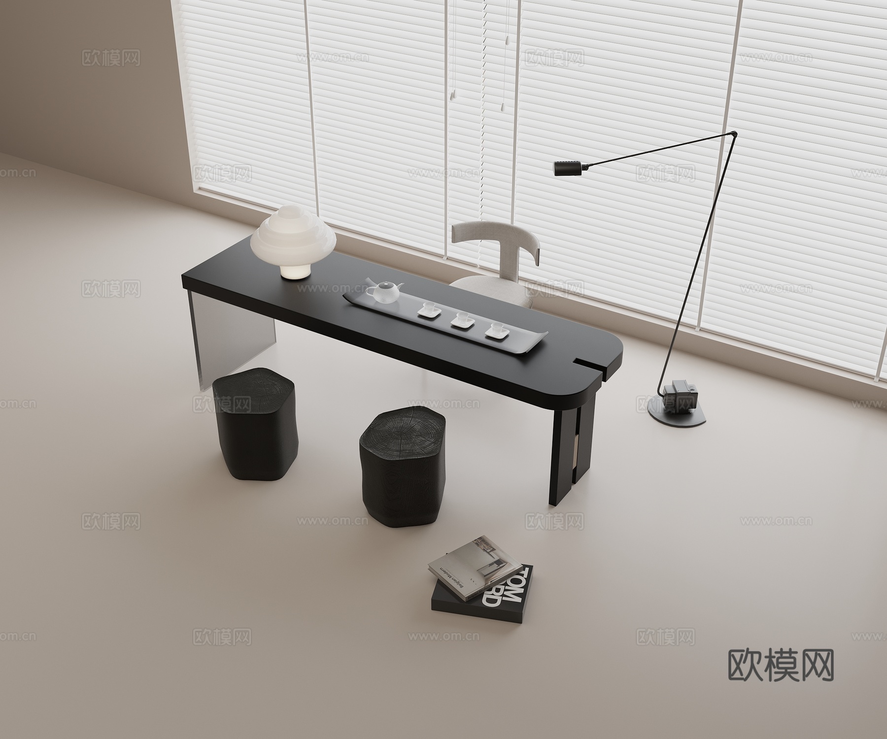 现代茶桌椅组合 实木茶桌 休闲单椅 不规则矮凳 茶具组合3d模型