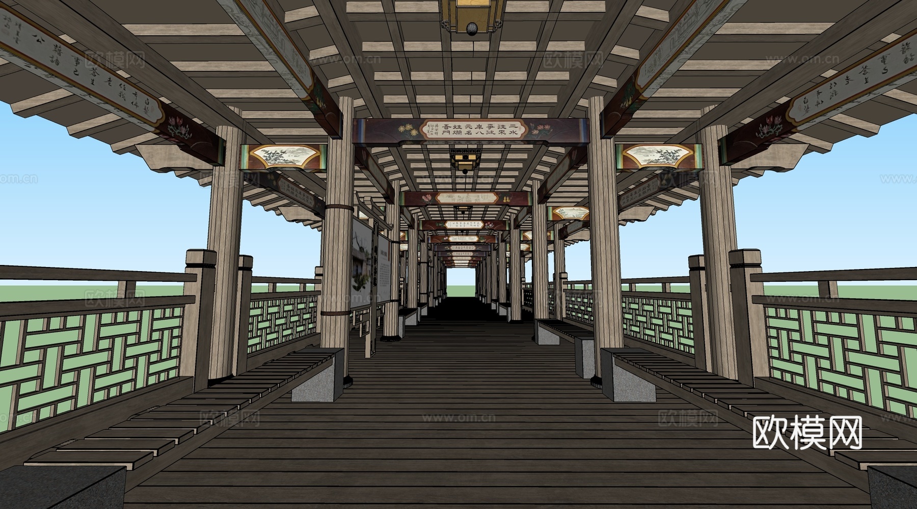 新中式古风长廊 廊架建筑 古建建筑su模型下载（渲染图2）
