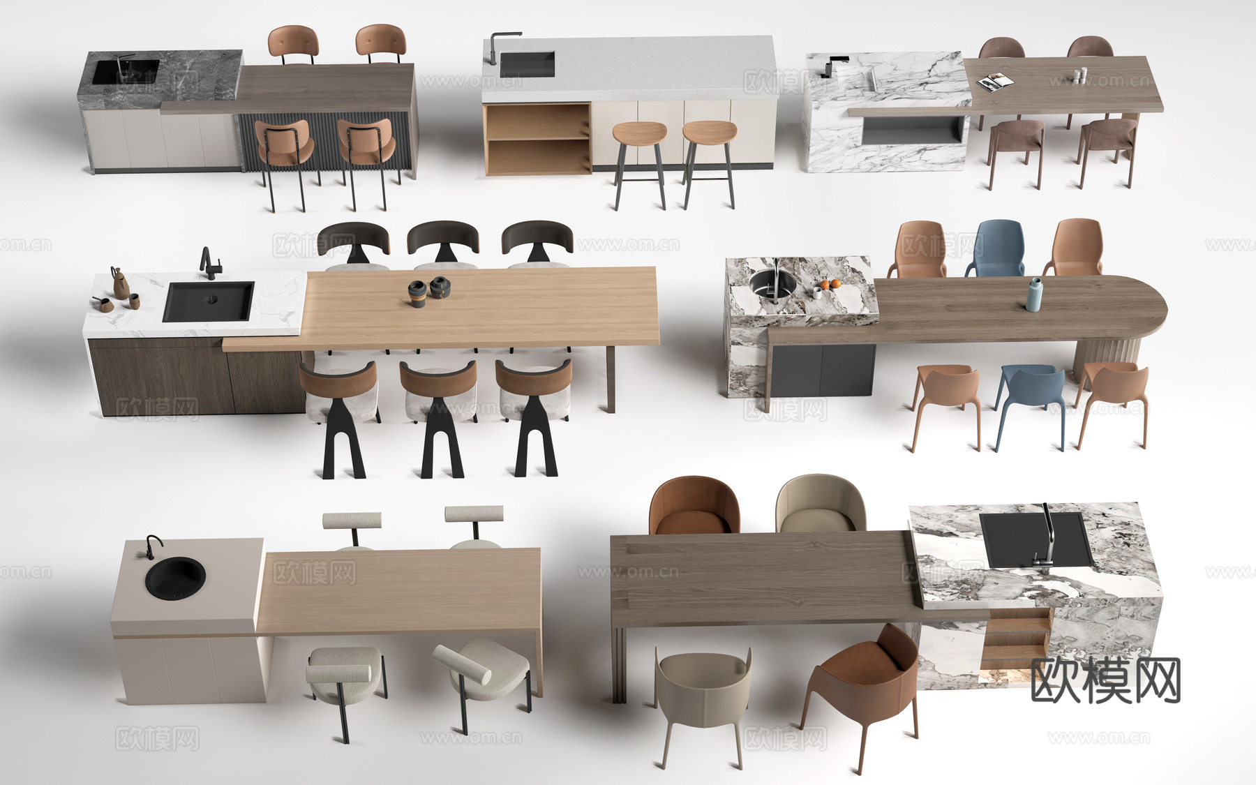 现代岛台桌椅 餐桌椅 餐厅岛台su模型