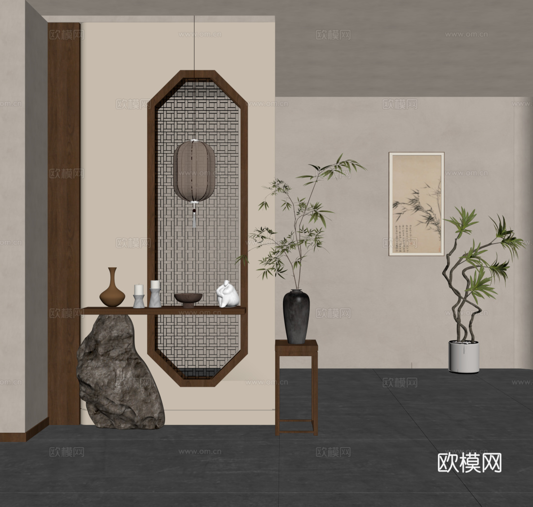 新中式中古隔断 新中式玄关隔断 屏风 端景柜su模型下载（渲染图1）