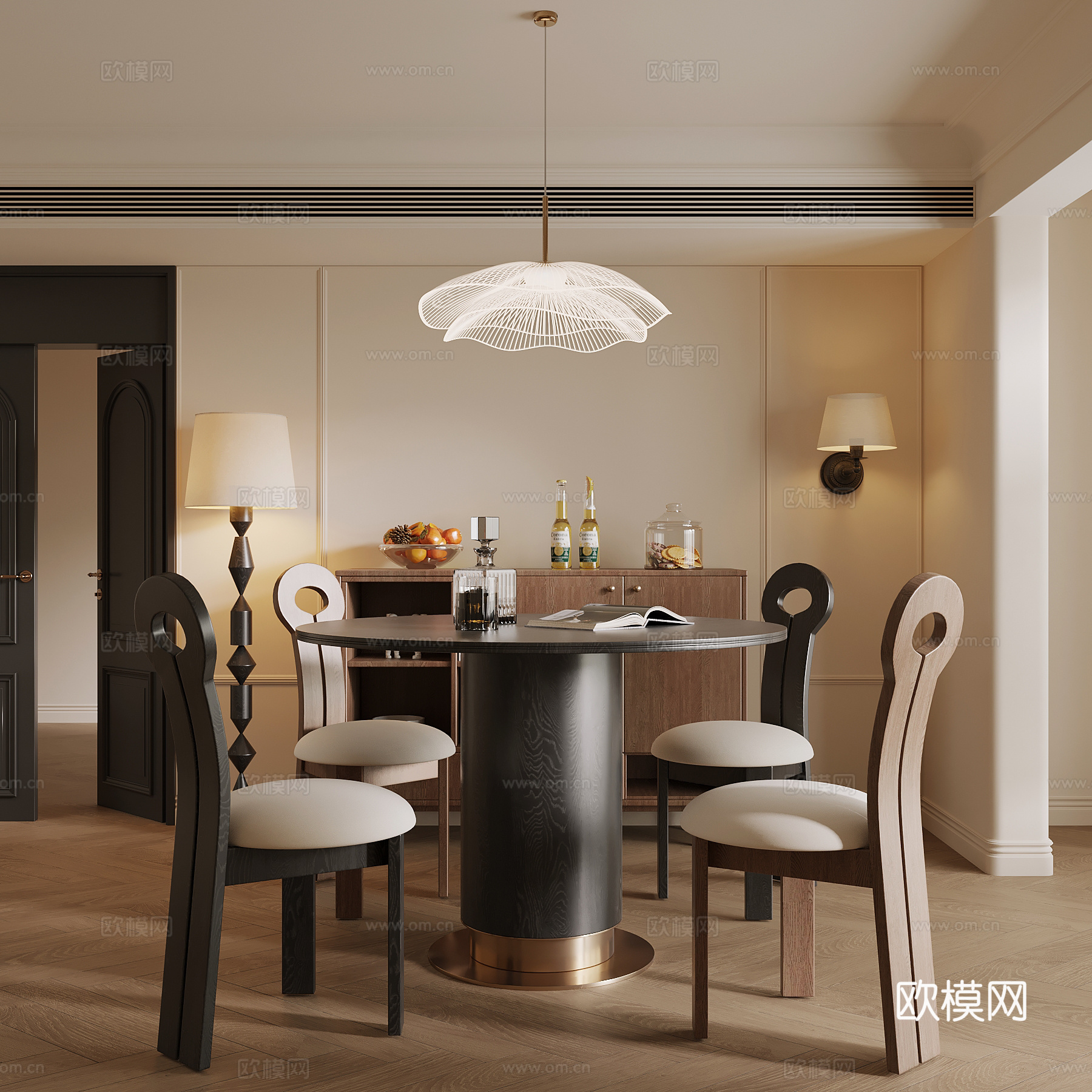 法式复古风餐厅 餐桌椅组合 吊灯 餐边柜su模型