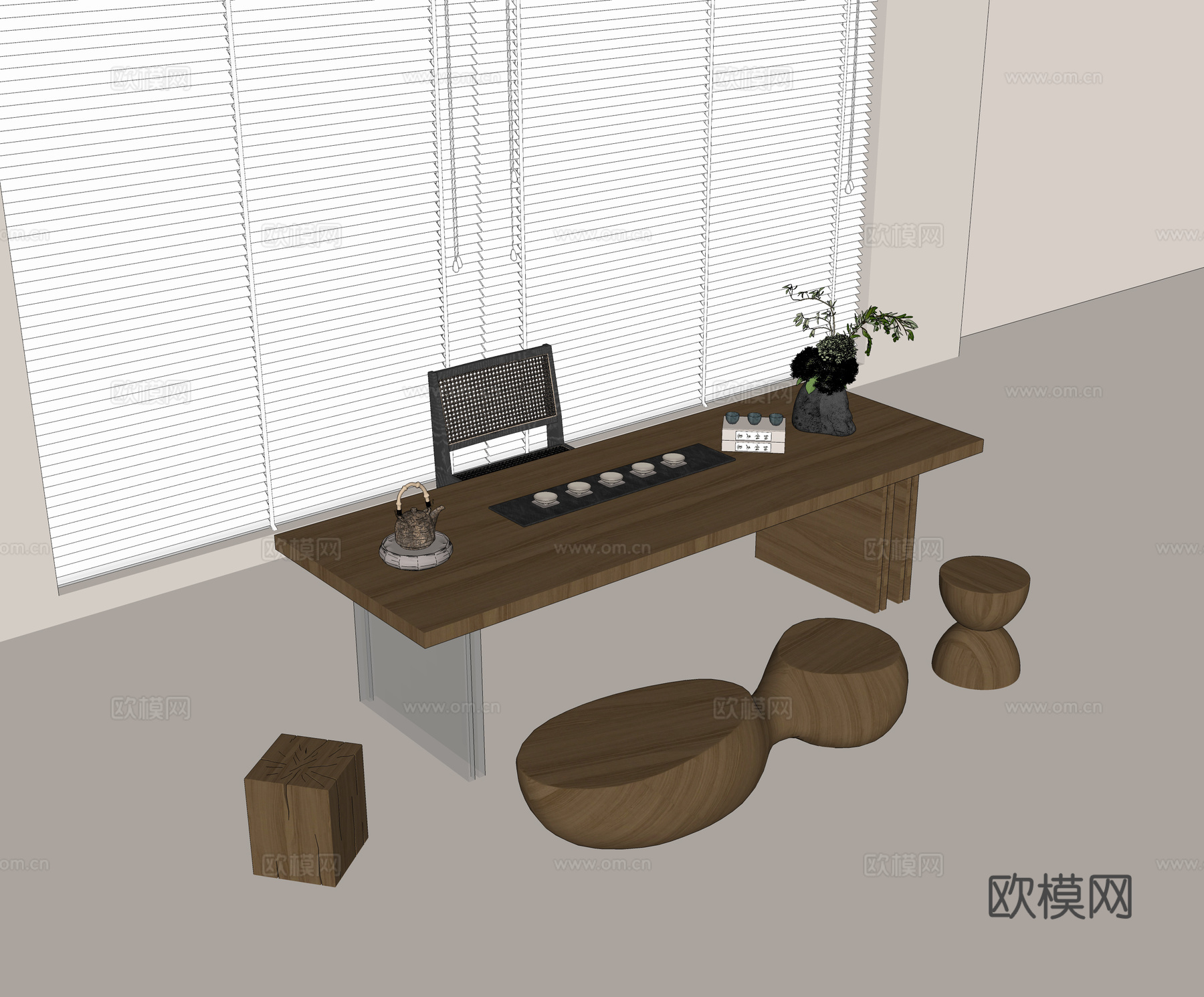 现代茶桌椅组合 实木茶桌 实木餐椅 不规则矮凳 茶具组合su模型su模型