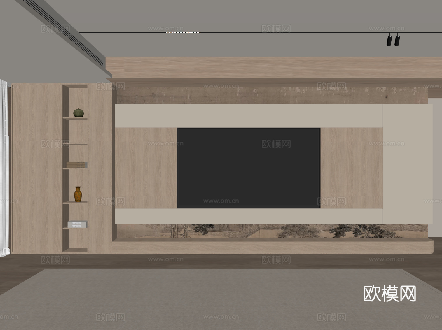 新中式电视背景墙 宋氏电视背景墙su模型