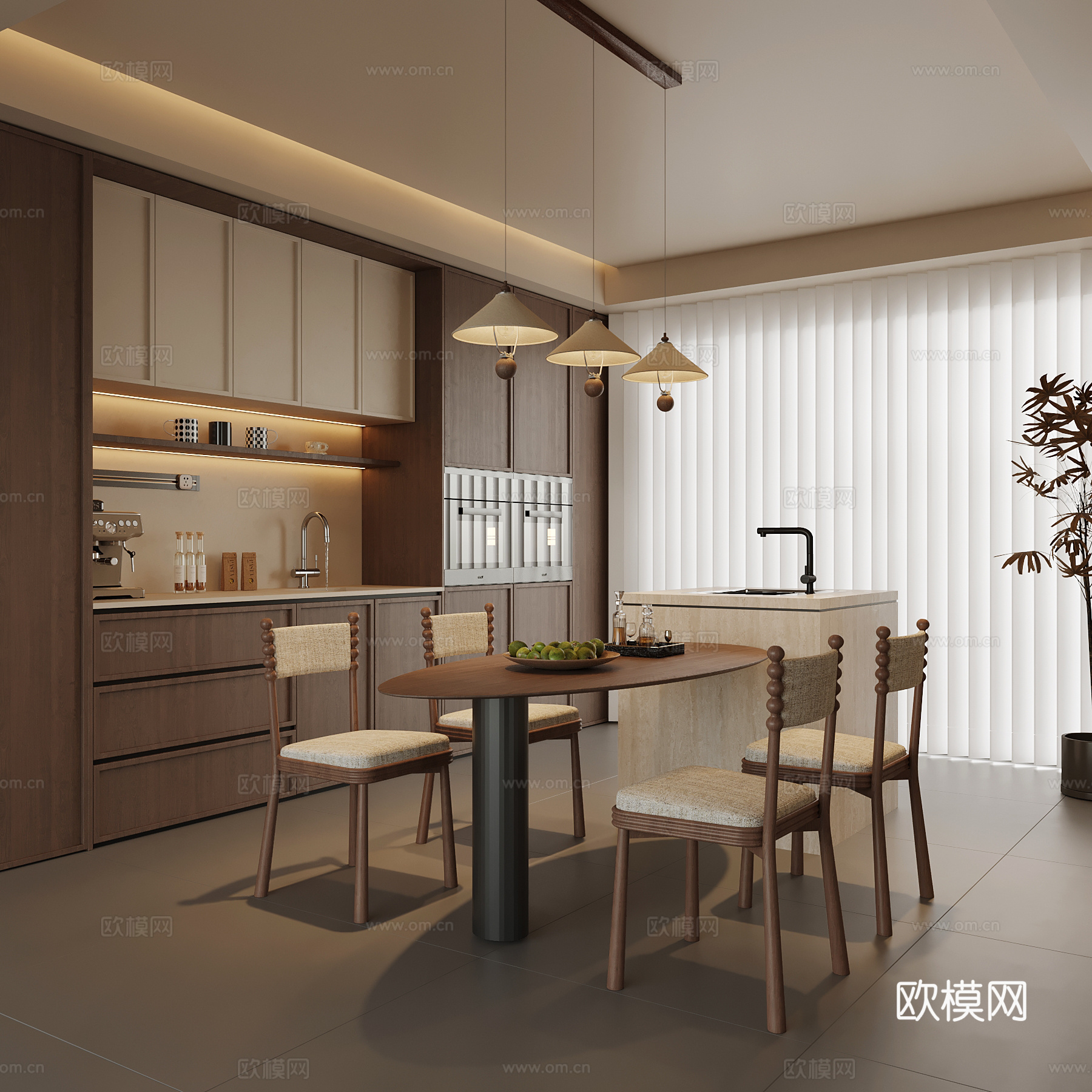 现代中古风餐厅 餐桌椅 餐边柜su模型