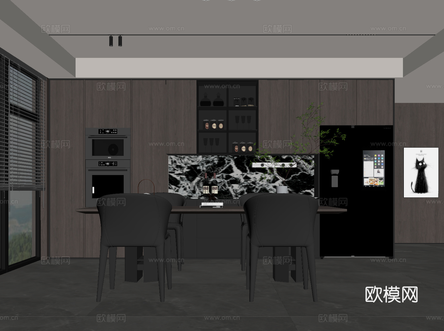 现代意式开放式餐厅 餐桌椅 酒柜su模型