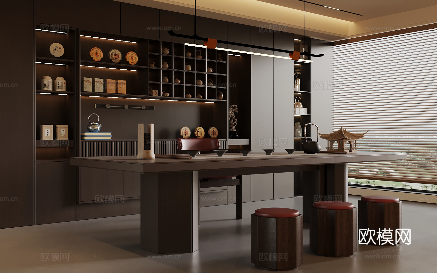 新中式茶室 茶桌椅 茶柜su模型