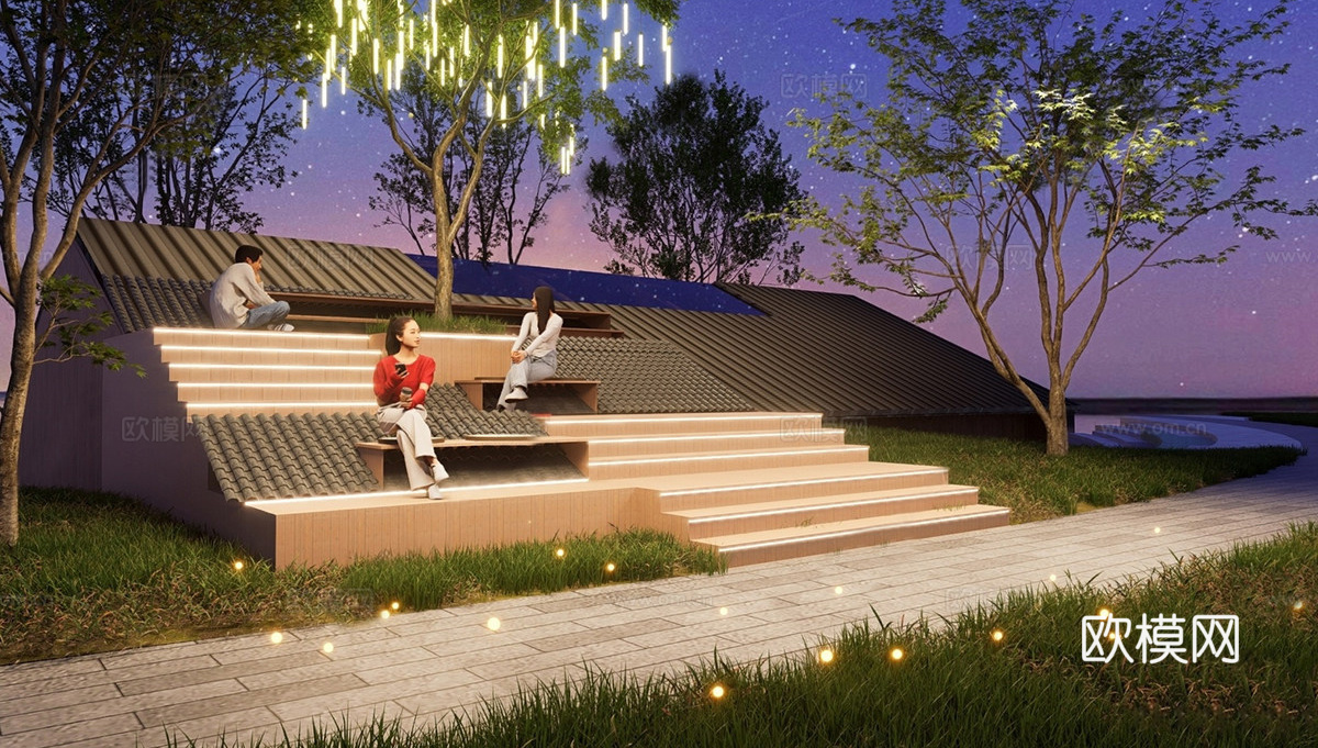 现代屋顶花园 阳台景观 庭院台阶景观su模型下载（渲染图1）