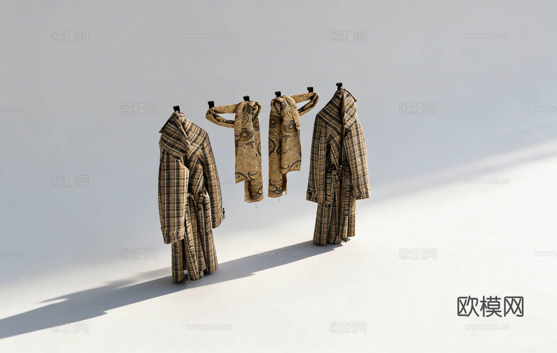 英伦风千鸟格长款风衣 大衣 装饰道具 服装配饰 复古围巾su模型