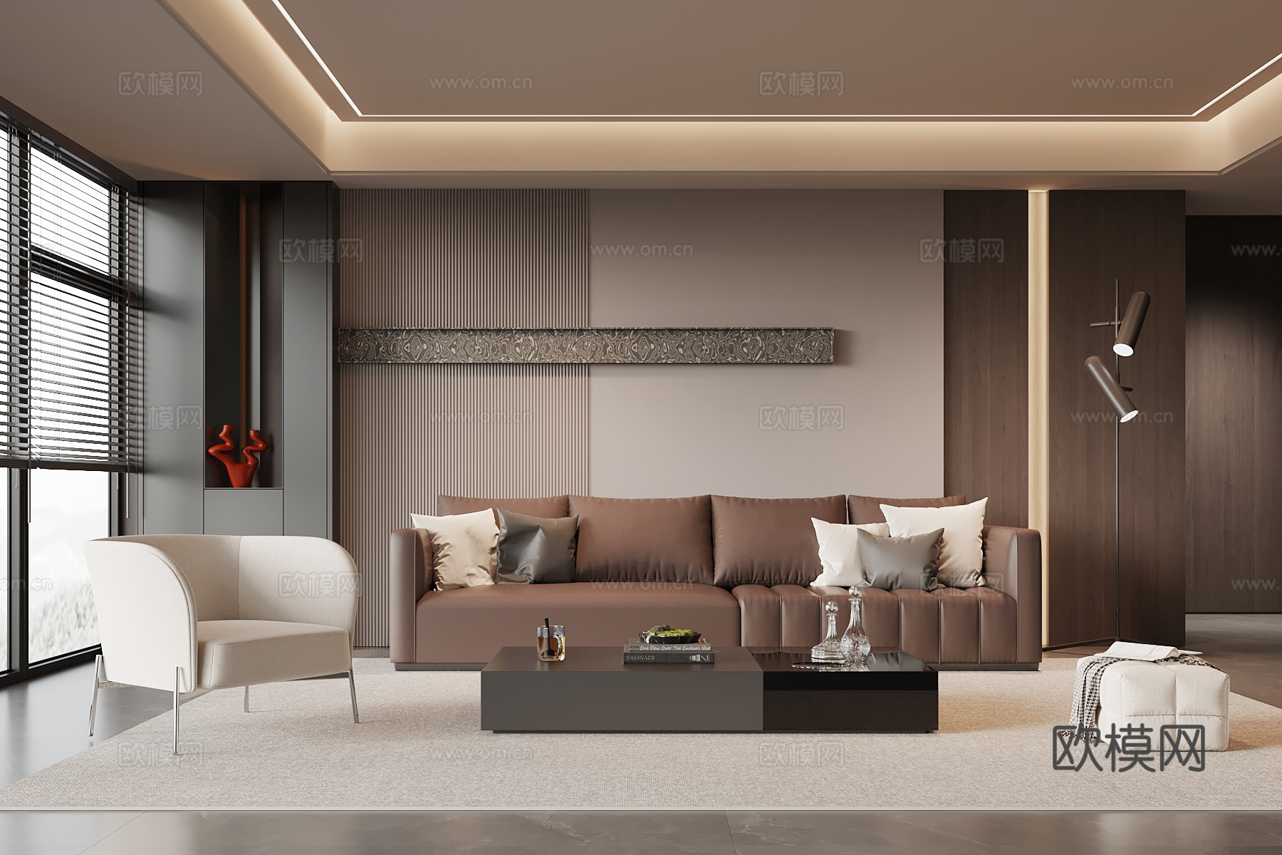 现代意式家居客厅 沙发茶几组合 背景墙su模型