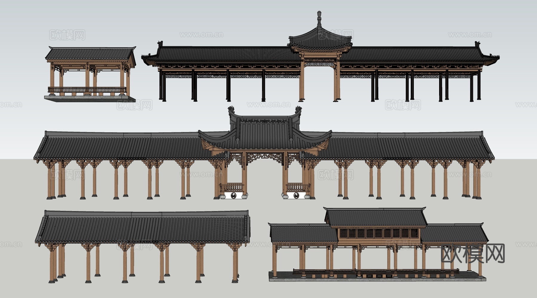 中式长廊 中式廊架 中式连廊su模型