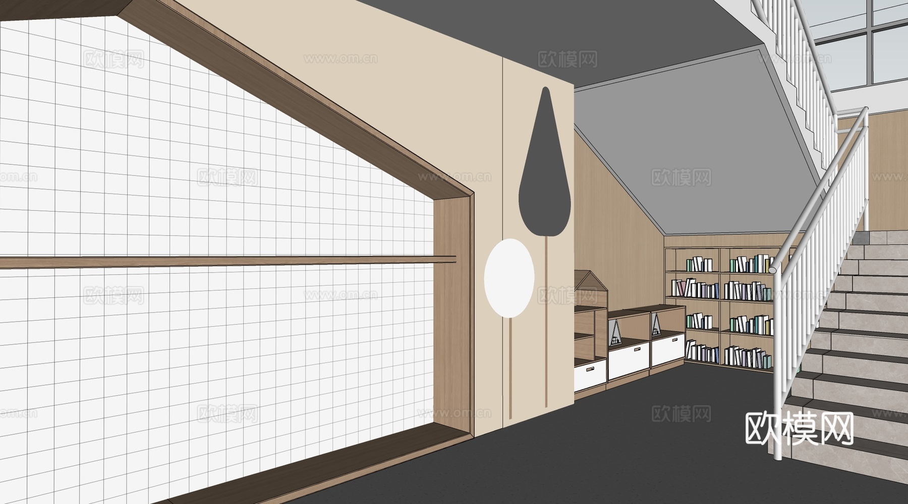现代学校楼梯间装饰 校园文化墙 校园装饰墙 校园读书角su模型