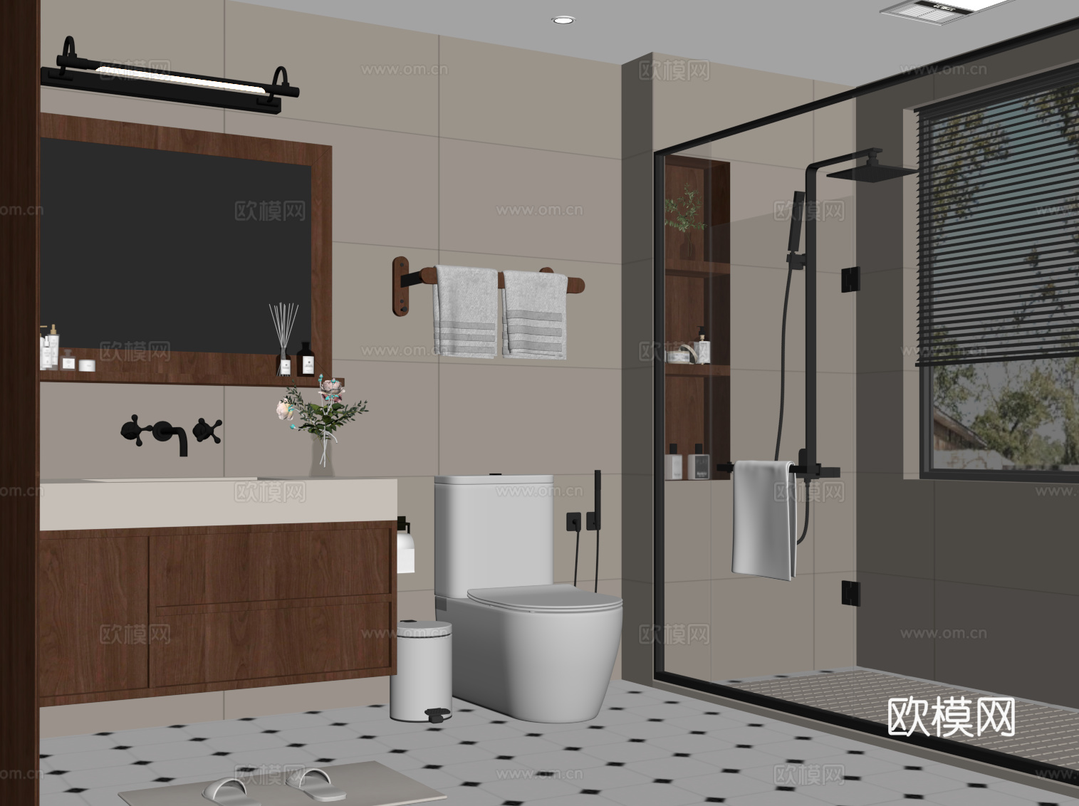现代中古风卫生间 浴室柜 淋浴 马桶su模型