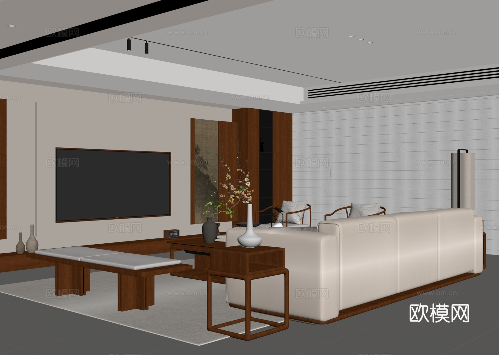 新中式客厅 沙发茶几组合 电视背景墙su模型