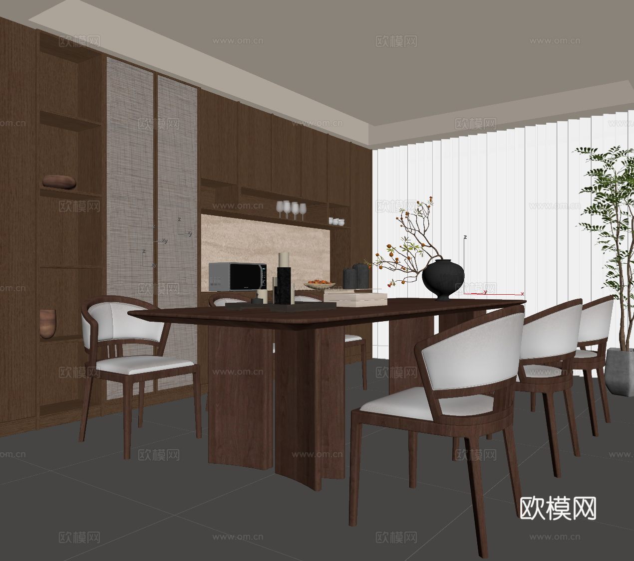 新中式餐厅 餐桌椅 餐边柜 酒柜su模型