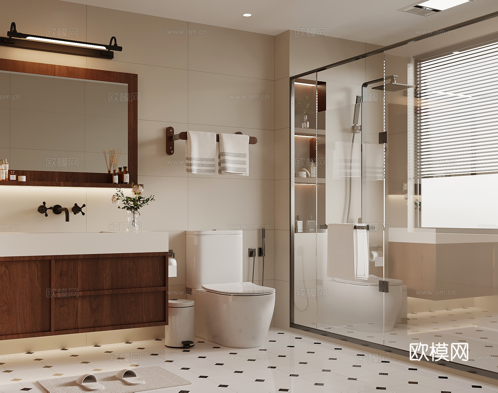 现代中古风卫生间 浴室柜 淋浴 马桶su模型