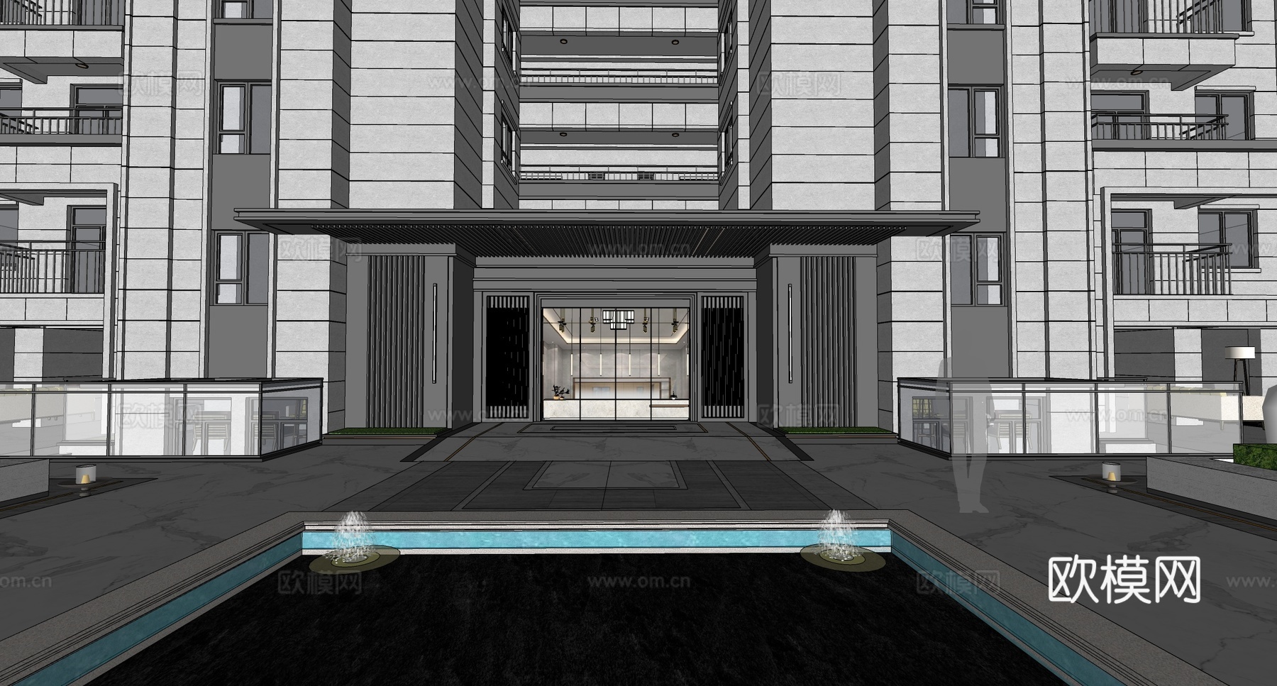 现代单元入户 住宅入户大门 单元入口 小区住宅建筑su模型