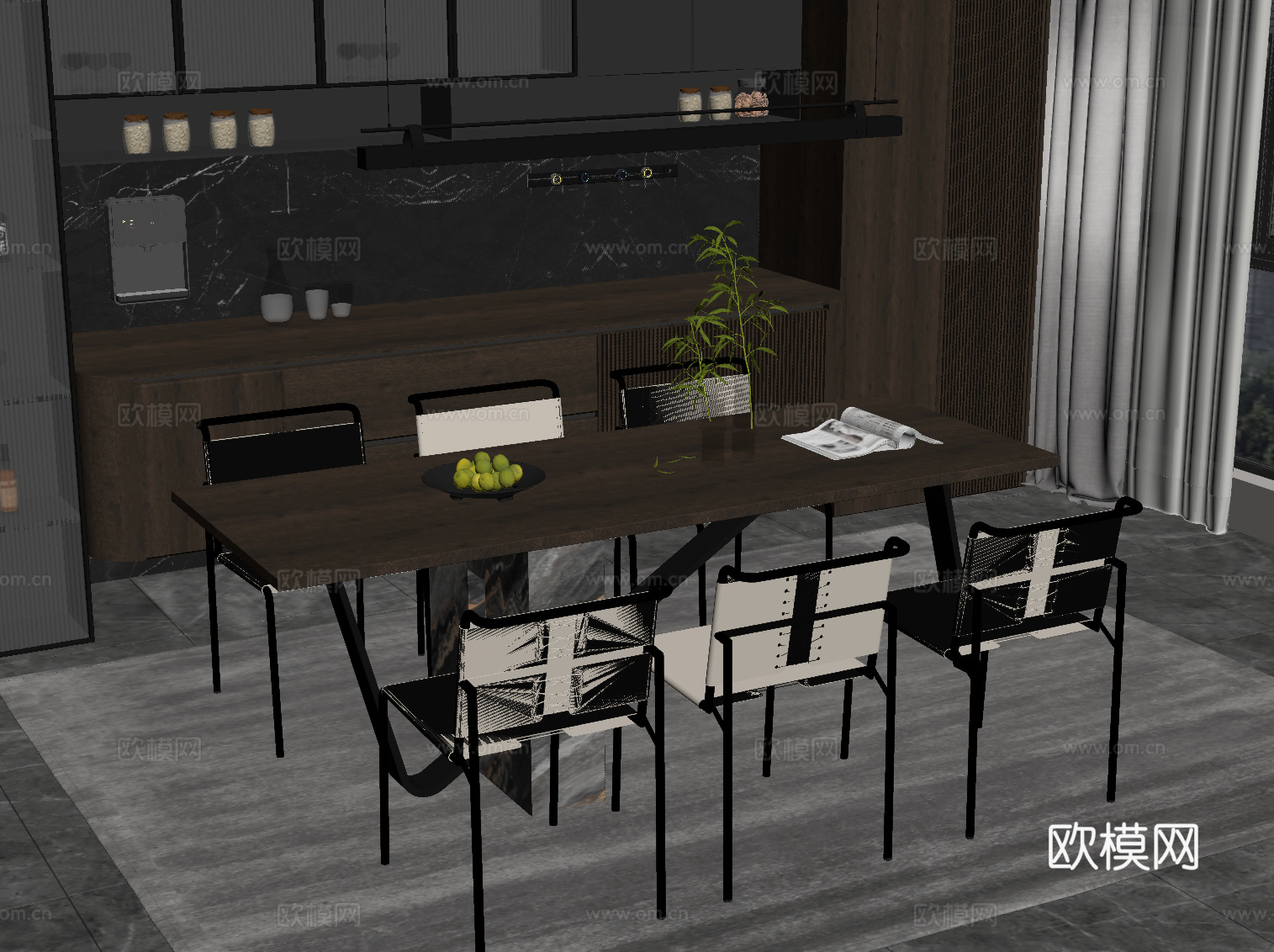现代意式餐厅 餐桌椅 餐边柜 酒柜su模型