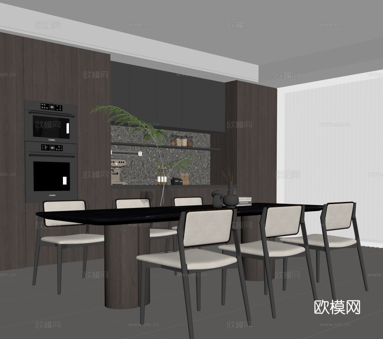 现代意式餐厅 餐桌椅 餐边柜su模型