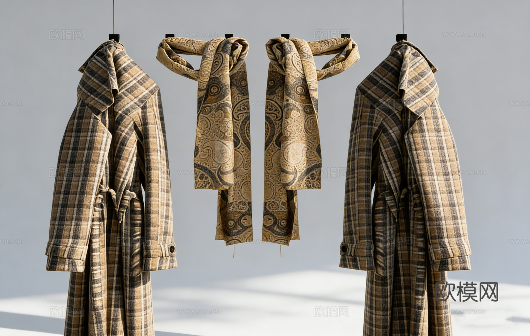 英伦风千鸟格长款风衣 大衣 装饰道具 服装配饰 复古围巾su模型