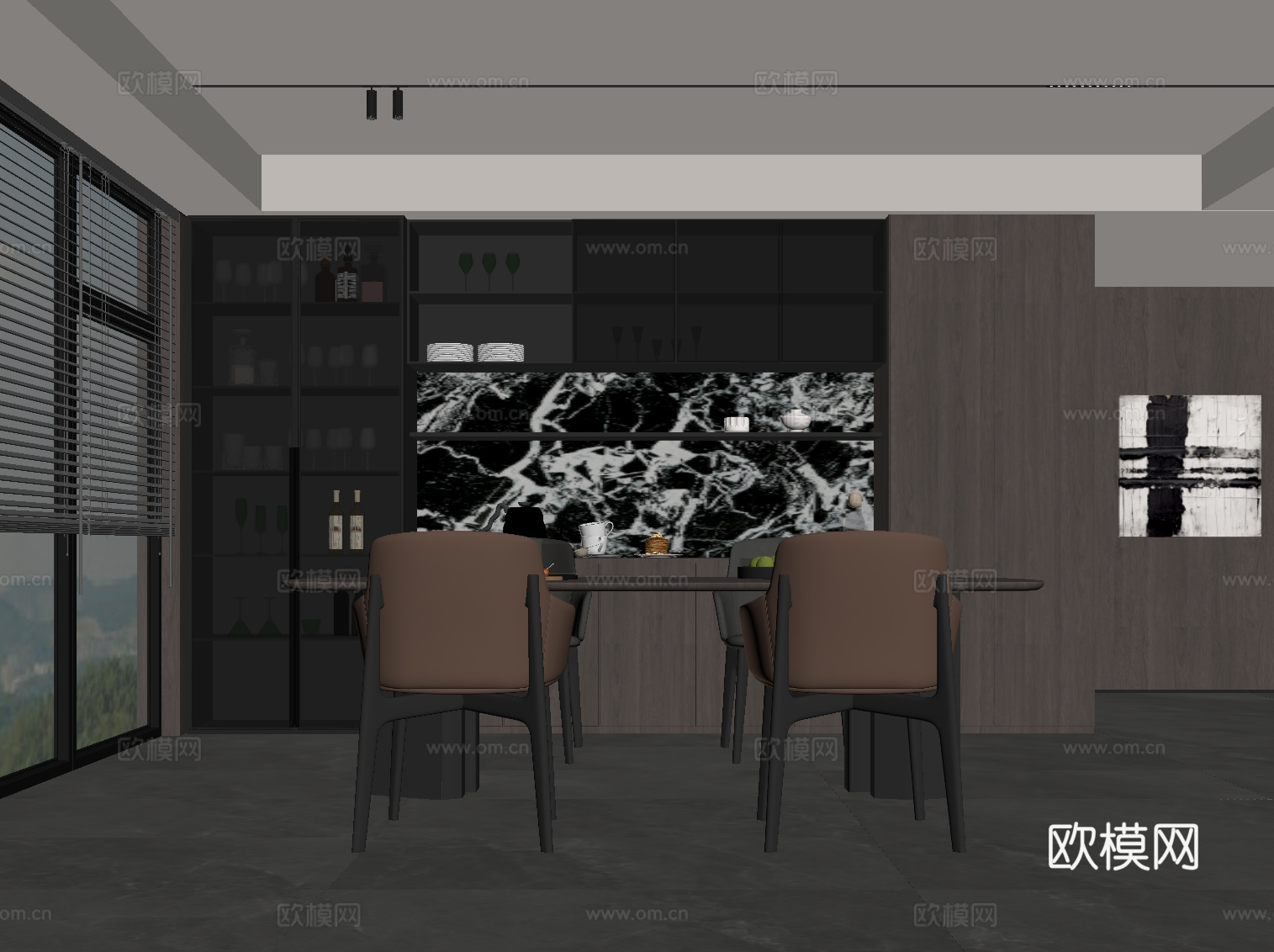 现代意式餐厅 餐桌椅 酒柜 餐边柜su模型